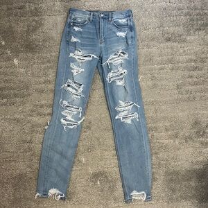 American Eagle Outfitters Blue Skinny Jeans with Distressed Details
